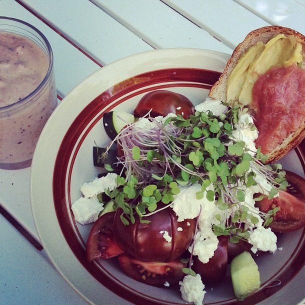 Breakfast Salad - a runners secret weapon. pumped up with extra nutritious kale Microgreens from @goodwaterfarms and toast with fresh avo and homemade rhubarb preserves